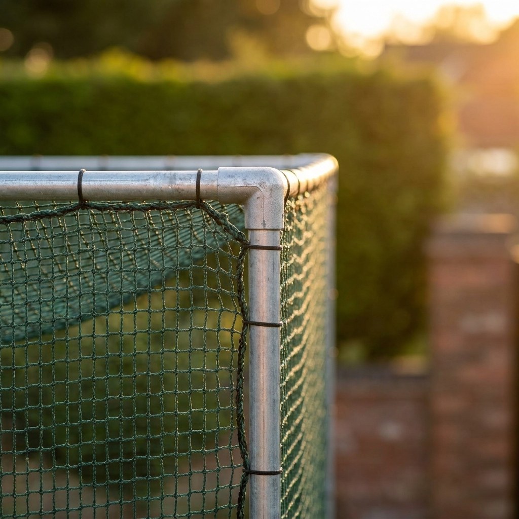 Illustration: galvanised steel corner joint and knotless net of the Standard golf cage, close up