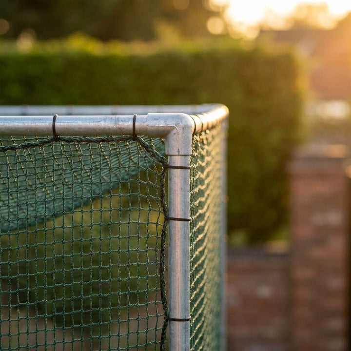 Illustration: galvanised steel corner joint and knotless net of the Standard golf cage, close up