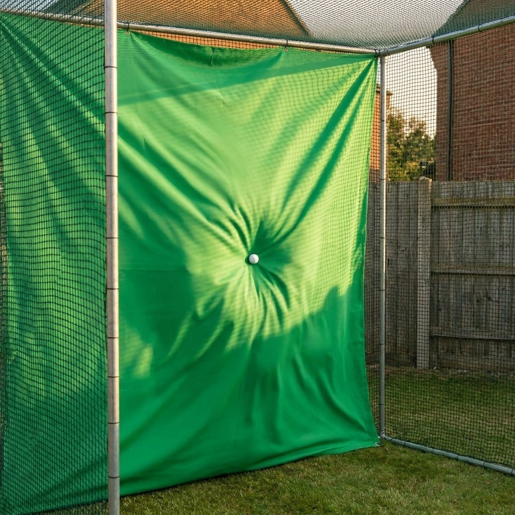 Illustration: golf ball striking the archery-grade impact panel of the Standard golf cage, ripples spreading across the net